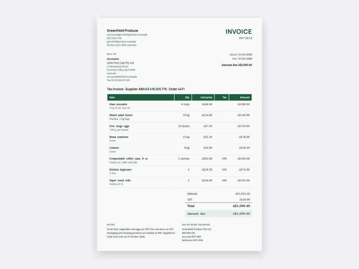 Tax invoice example for Australia with GST free and taxable items example