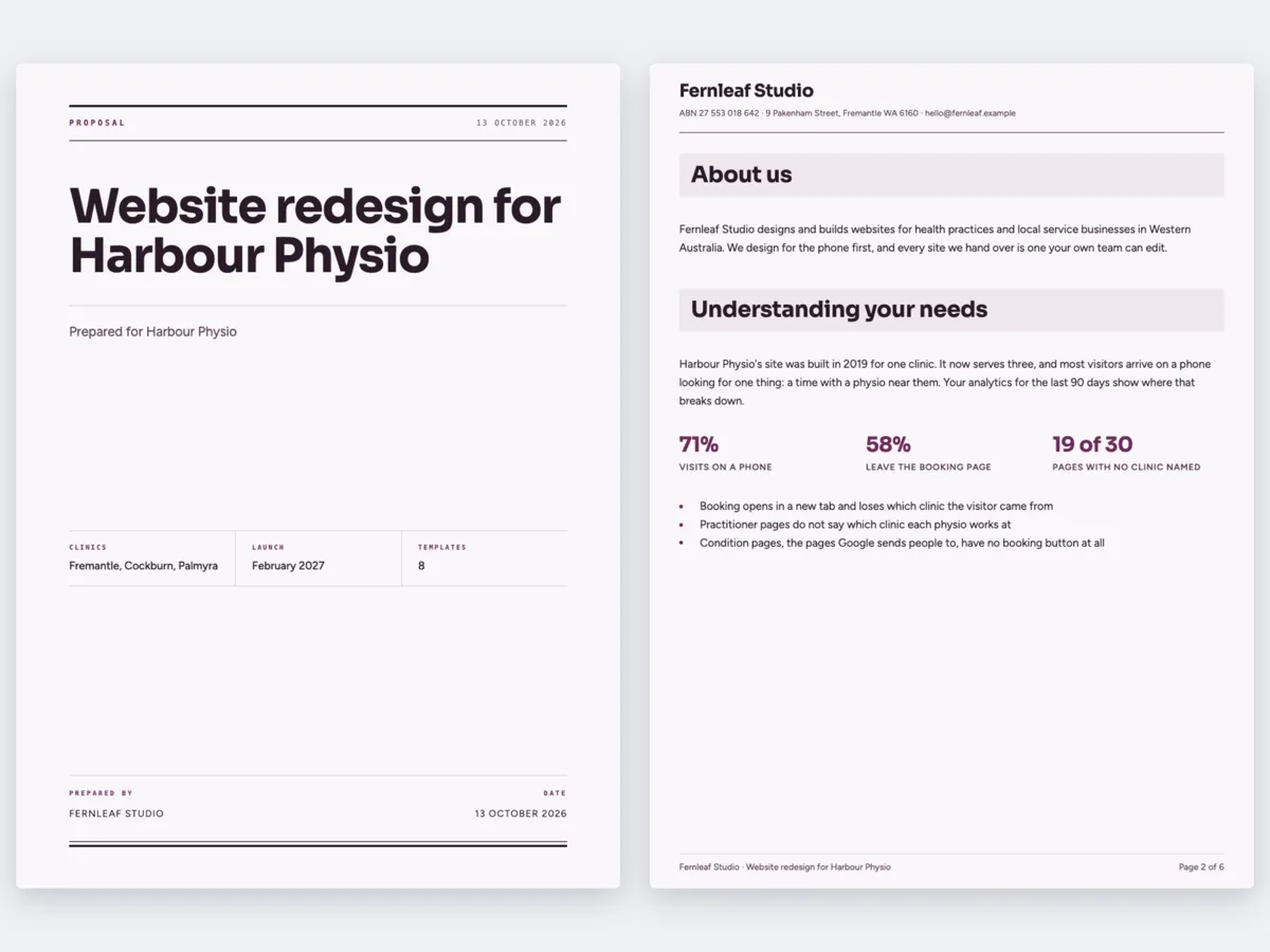 Website design proposal example with an optional SEO add on example