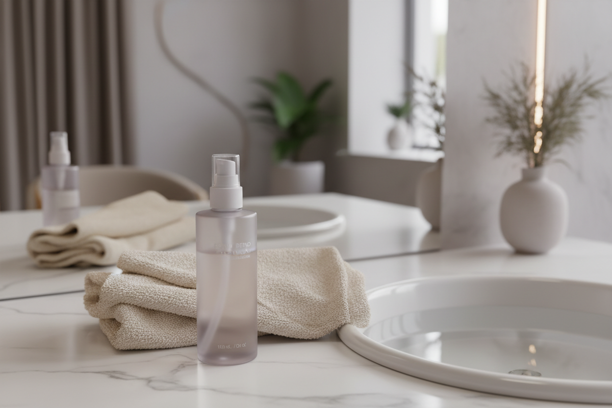 Salon photograph of a bond repair treatment bottle and a folded towel on a marble counter beside a basin, soft studio light, muted lilac and cream tones, shallow depth of field, no text, no logos