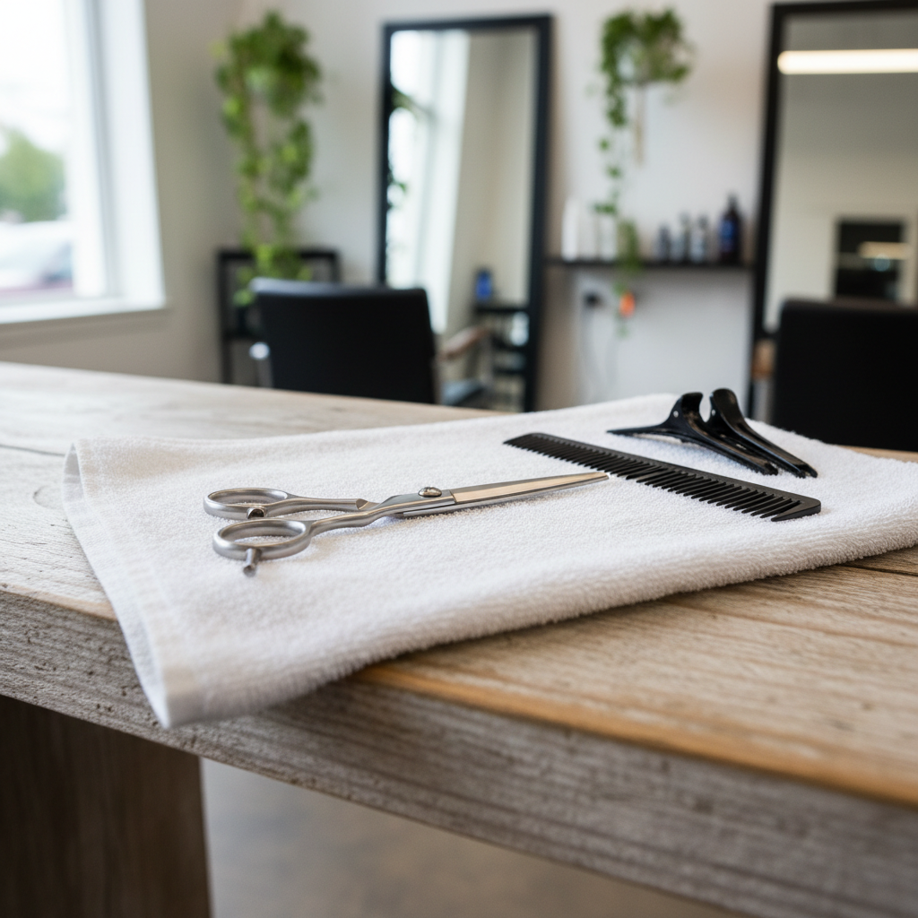 Close photograph of hairdressing scissors, a comb and sectioning clips laid out on a folded white towel on a timber bench, soft daylight, no people, no text