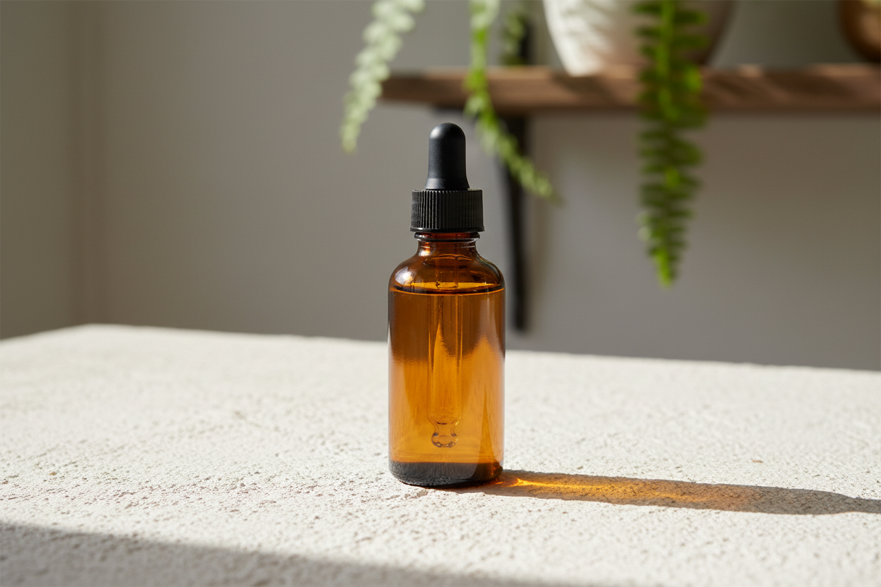 Product photograph of an unbranded amber dropper bottle of hair oil on a pale plaster surface, soft directional daylight, minimal, no text, no labels, no logos