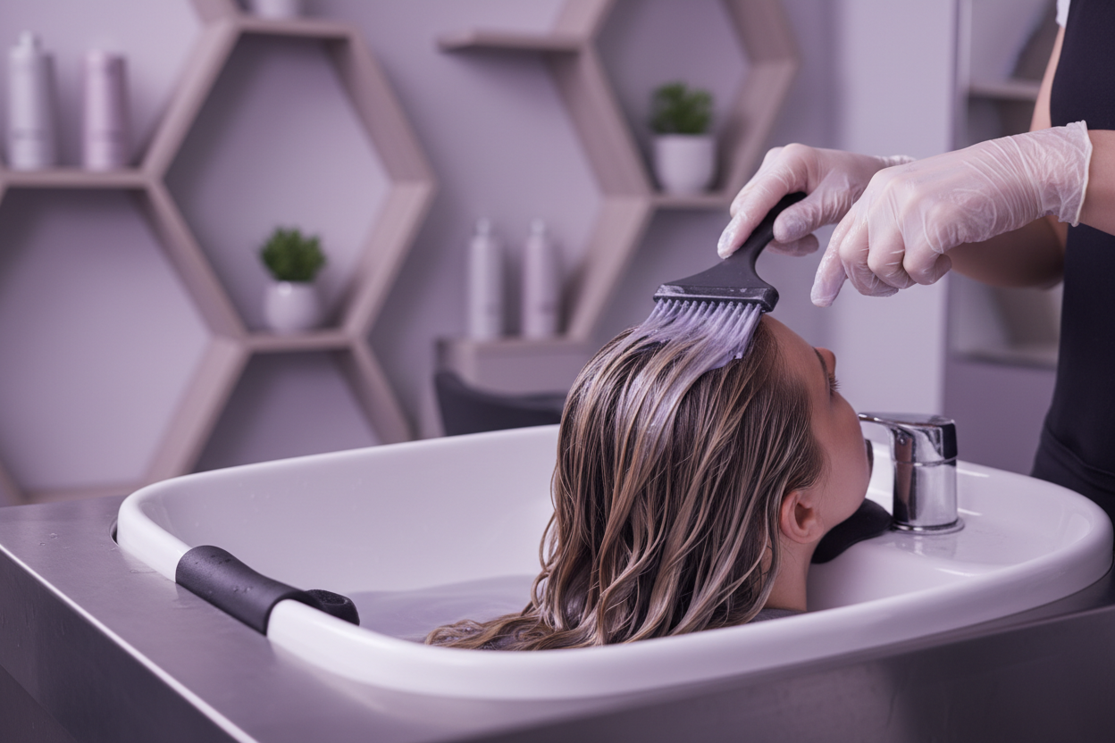 Salon photograph of a hair gloss treatment being brushed through mid-length hair at a basin, soft studio light, muted lilac tones, shallow depth of field, no faces, no text, no logos