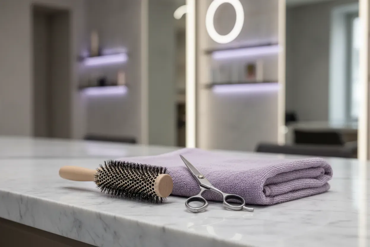 Still life photograph of a round hairbrush, scissors and a folded towel on a pale marble salon counter, soft studio light, muted lilac tones, no people, no text, no logos