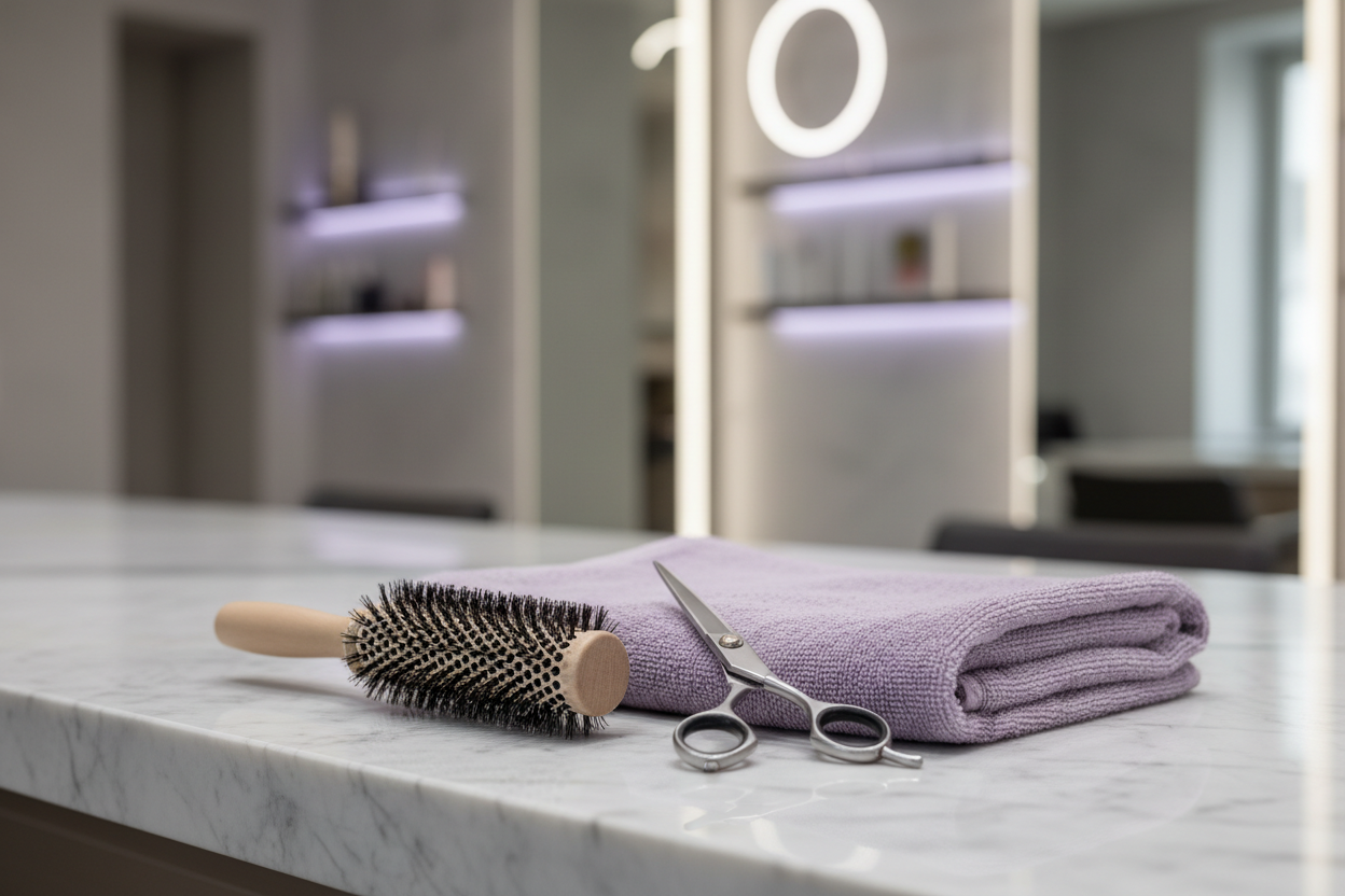 Still life photograph of a round hairbrush, scissors and a folded towel on a pale marble salon counter, soft studio light, muted lilac tones, no people, no text, no logos