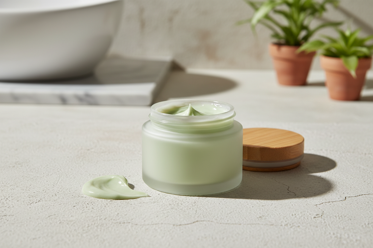 Product photograph of an unbranded frosted glass jar of hair mask on a pale plaster surface, soft directional daylight, minimal, no text, no labels, no logos