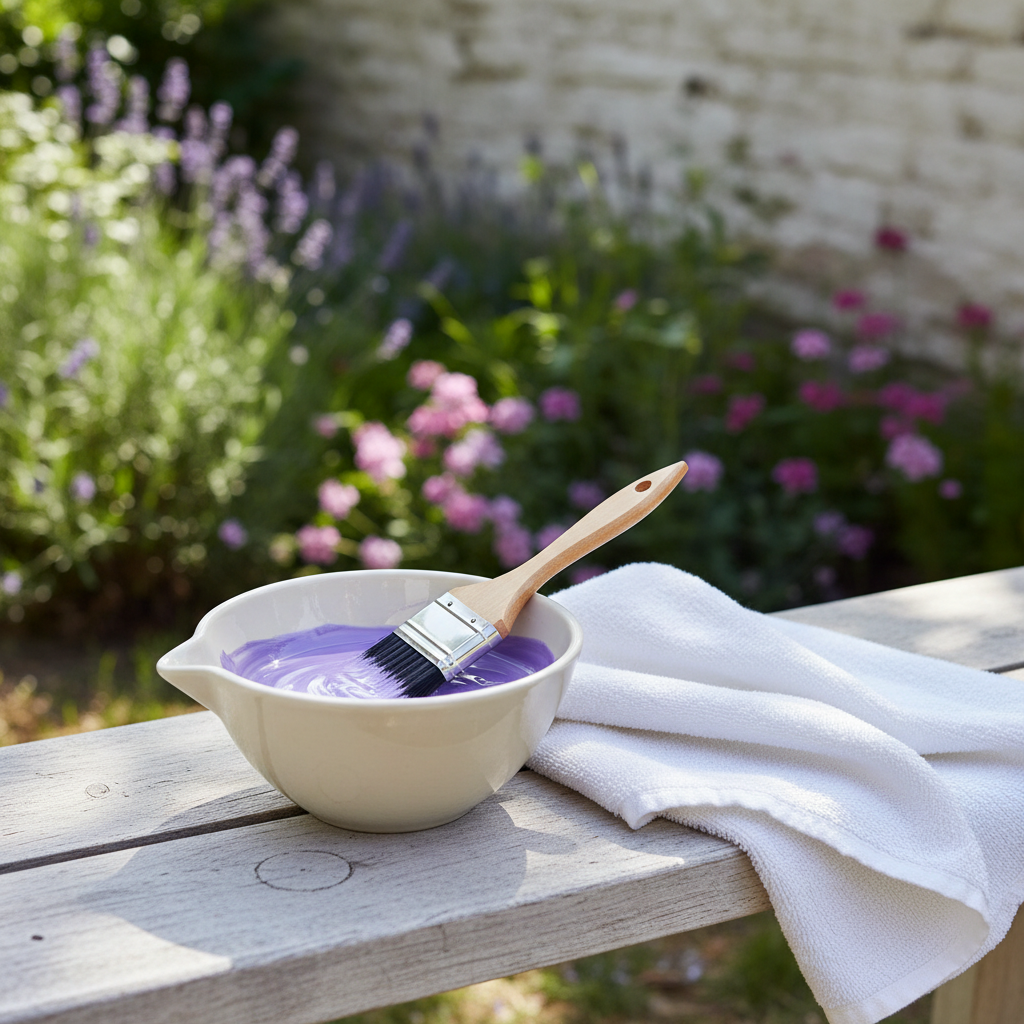 Close photograph of a tinting bowl and brush with a folded towel on a pale bench, soft daylight, no people, no text