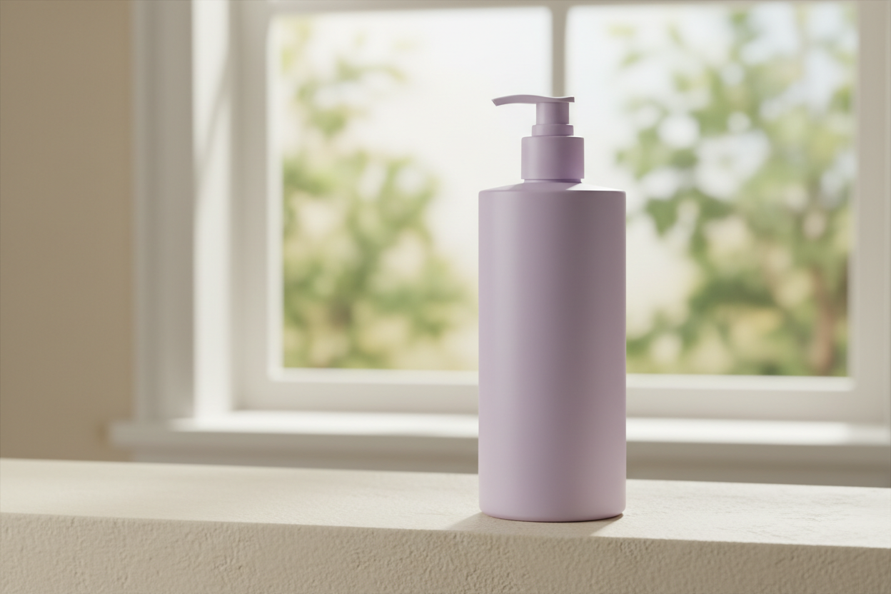 Product photograph of an unbranded matte lilac shampoo bottle on a cream plaster surface, soft directional daylight, minimal, no text, no labels, no logos