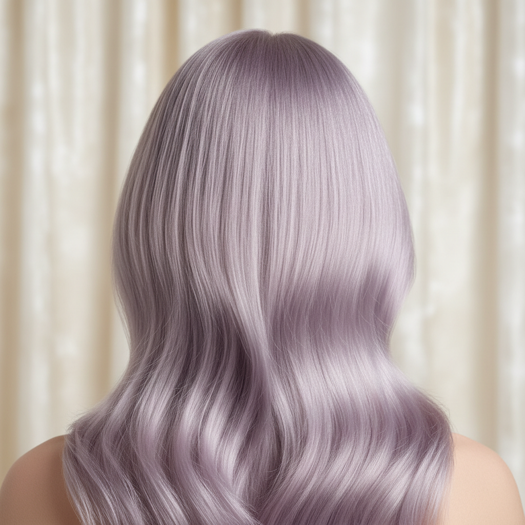 Beauty photograph of healthy glossy lilac-toned blonde hair falling in soft waves, close crop, soft studio light, cream background, no face, no text, no logos