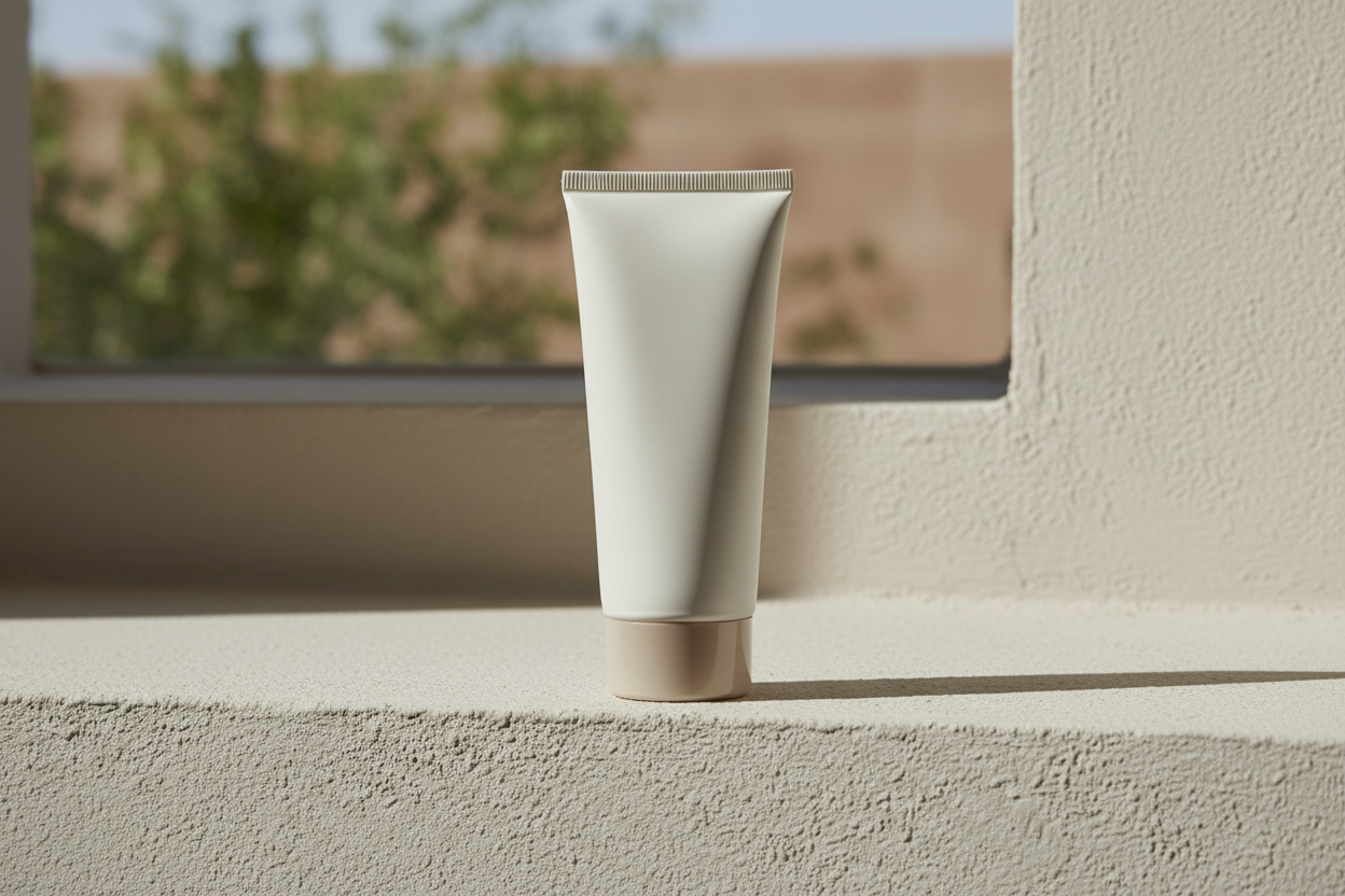 Product photograph of an unbranded cream conditioner tube on a pale plaster surface, soft directional daylight, minimal, no text, no labels, no logos