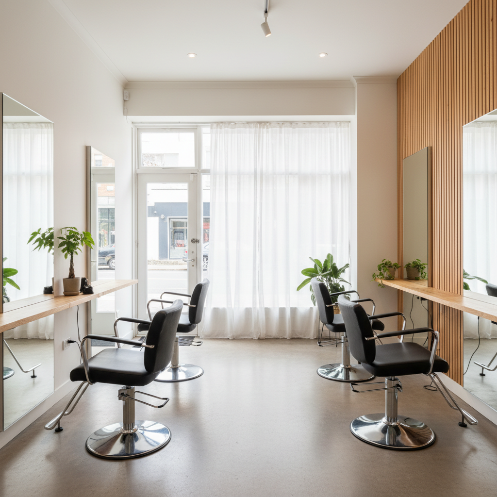 Interior photograph of a small modern hair salon with styling chairs facing a mirrored wall, warm timber and pale walls, daylight from a shopfront window, no people, no text, no signage