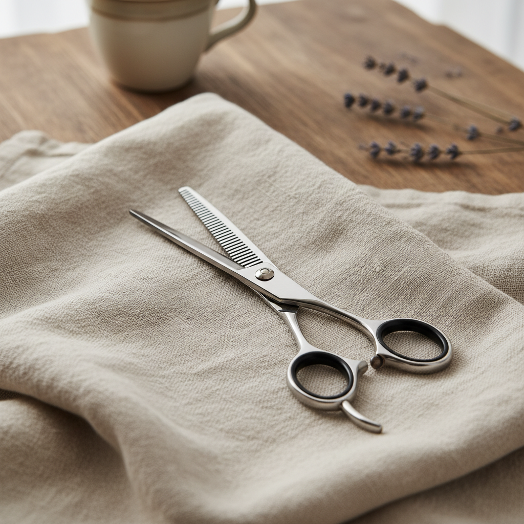 Close photograph of a pair of hairdressing scissors resting on a pale linen cloth, soft daylight, no people, no text