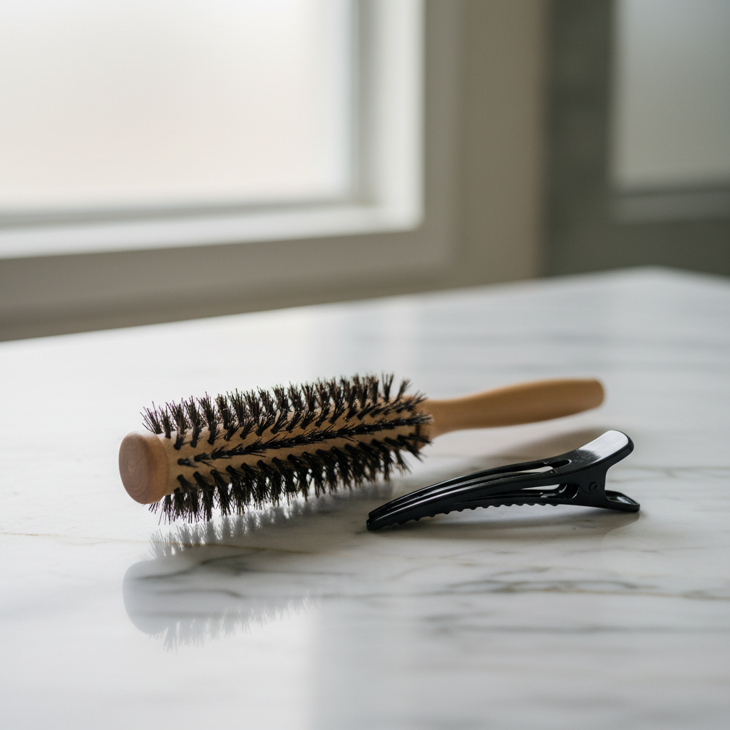 Close photograph of a round hairbrush and a sectioning clip on a pale marble surface, soft daylight, no people, no text