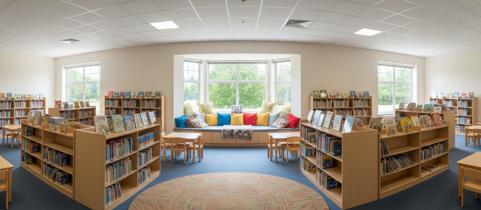 Photograph of a bright primary school library with low timber shelving, a reading nook with cushions and large windows, empty of people, soft daylight, no text, no signage
