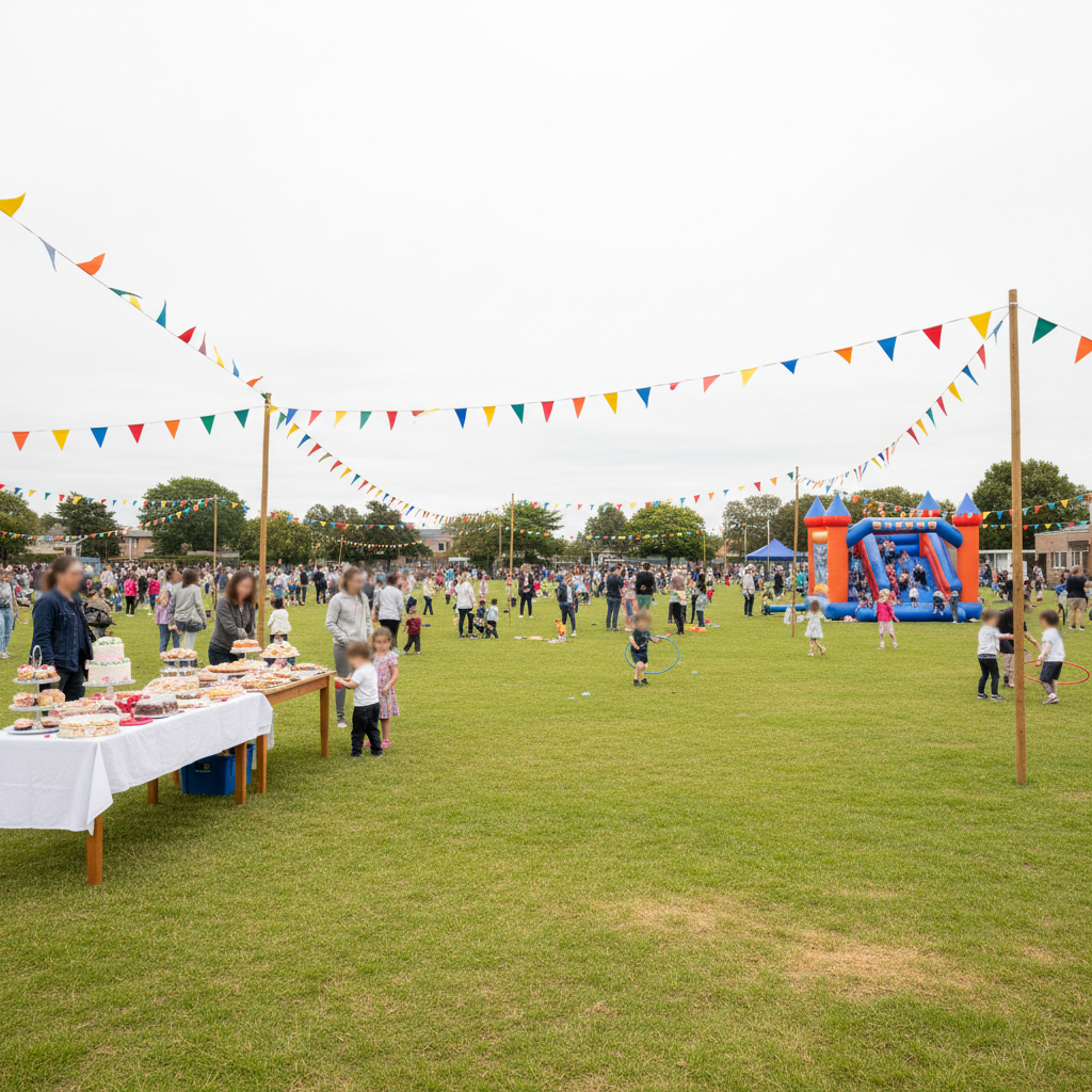 An open grass reserve hosting a community fete with bunting, stalls and a crowd