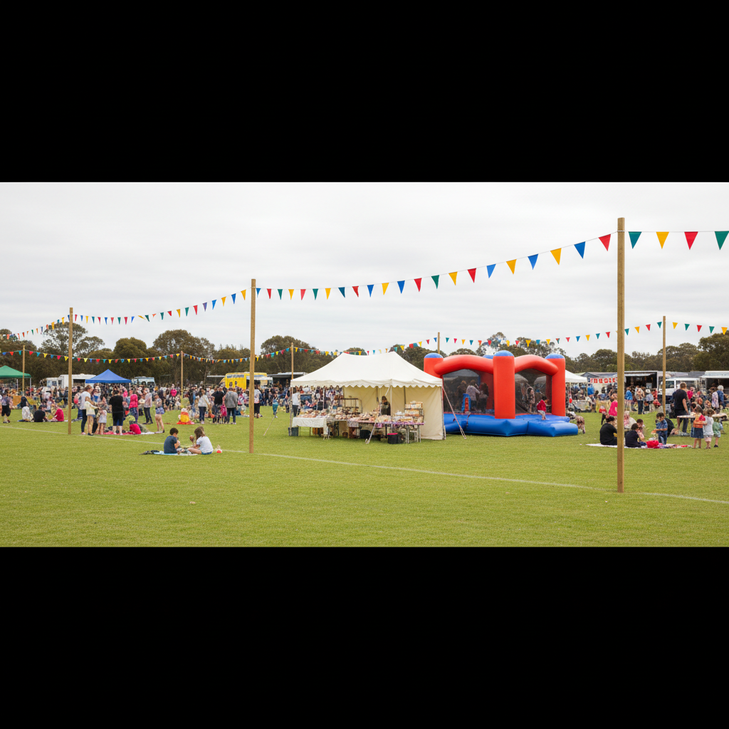 Photograph of a primary school spring fair on an oval, bunting between poles, a cake stall and a jumping castle in the distance, bright overcast daylight, no recognisable faces, no text, no signage