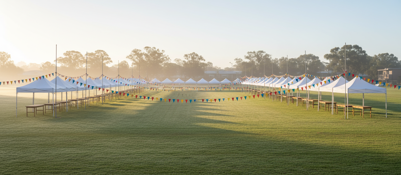 Photograph of a school oval set up with white market marquees and trestle tables on grass before opening, bunting between poles, empty of people, soft morning light, no text, no signage