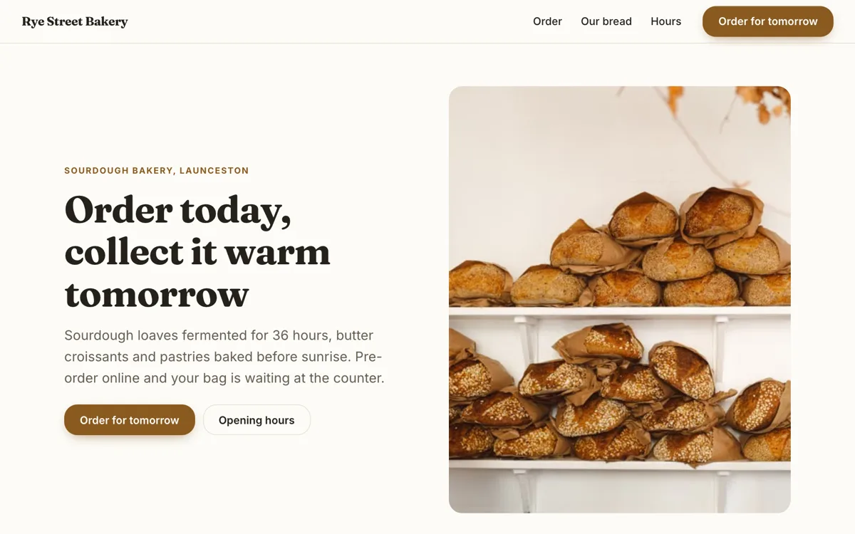 Bakery menu website with next day pre-orders example