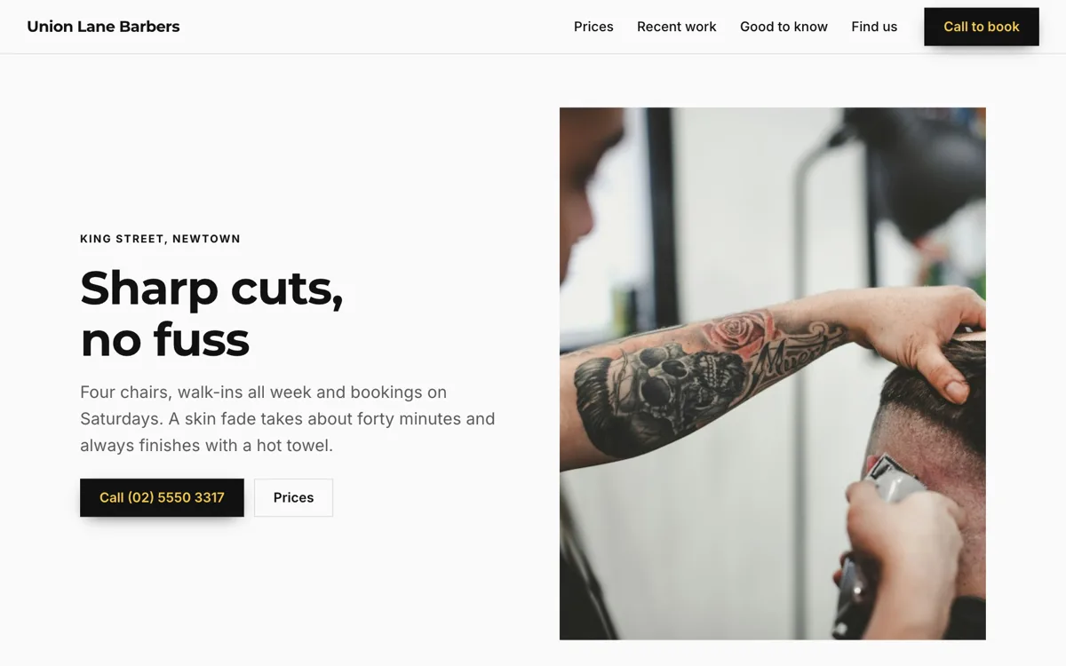 Barber shop website example built for walk-ins example
