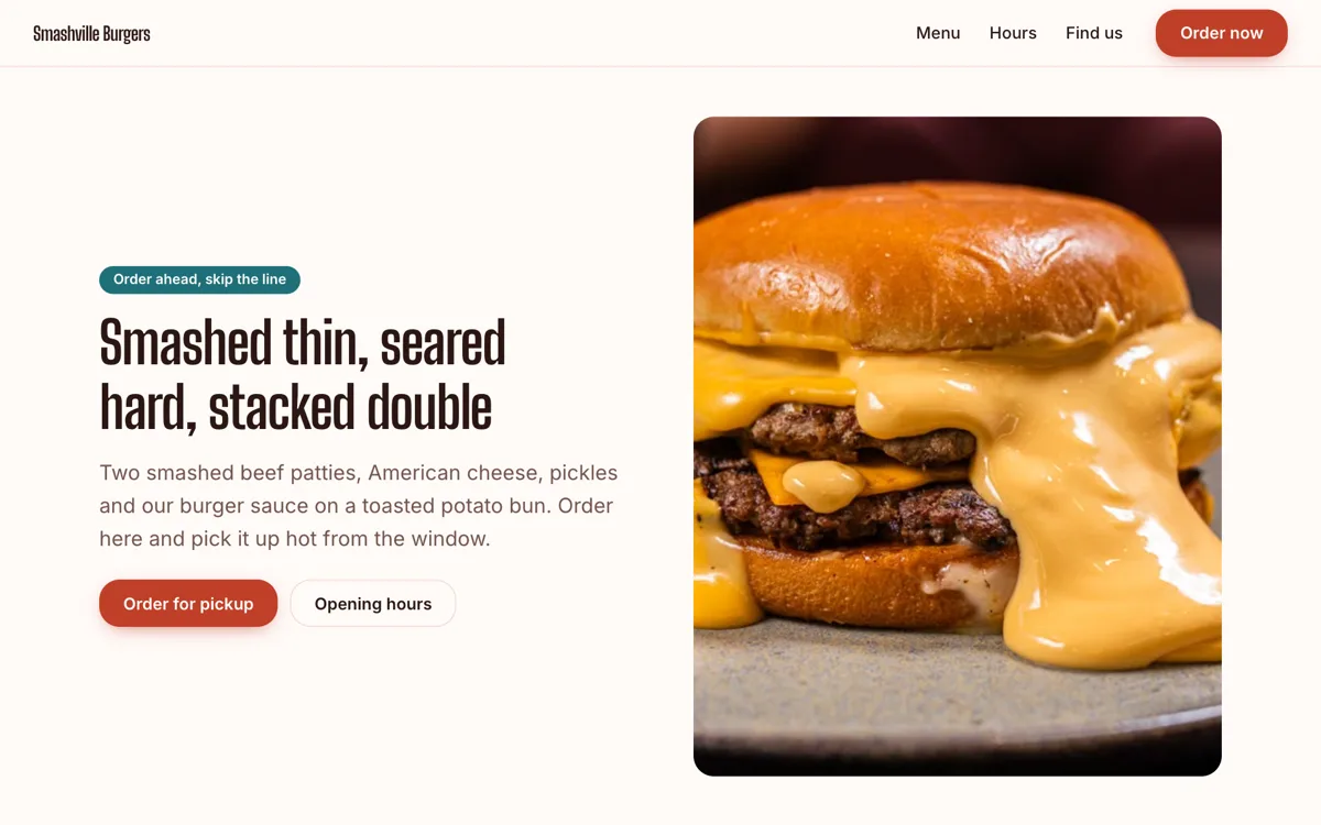 Burger restaurant menu website built for order ahead example