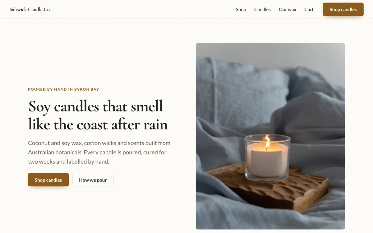 Candle online store example with sizes and a gift box example