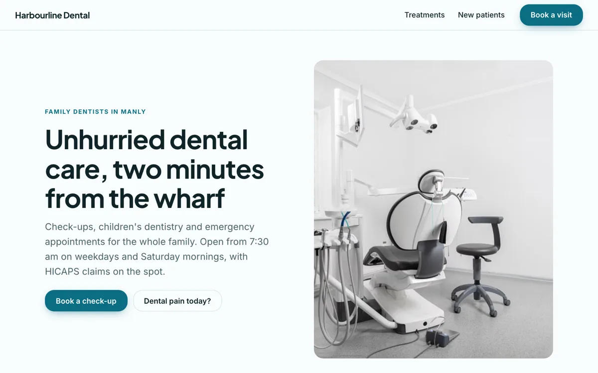 Dentist website example with fees on the page example
