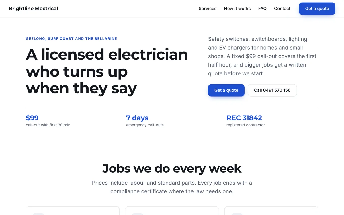 Electrician website example with prices on common jobs example