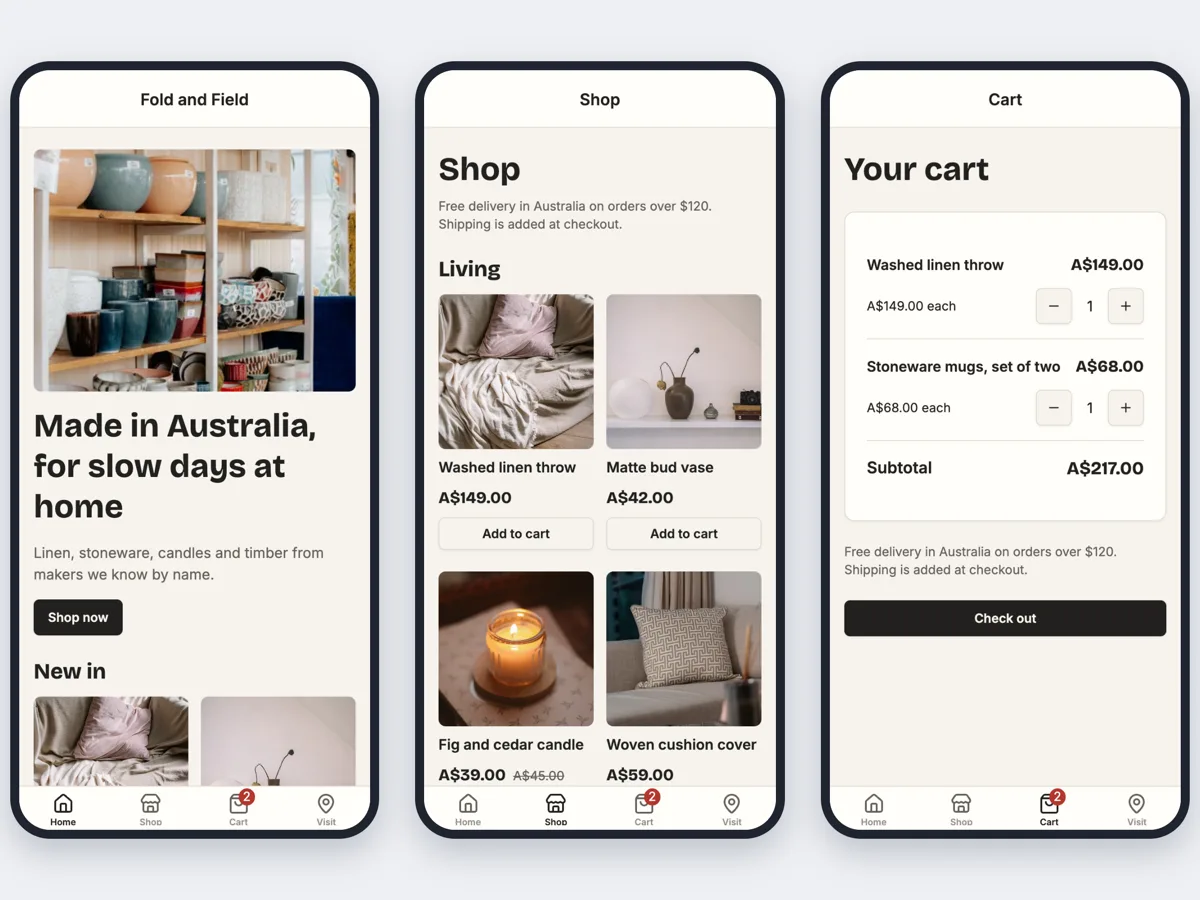 Online store app example for a small homewares shop example