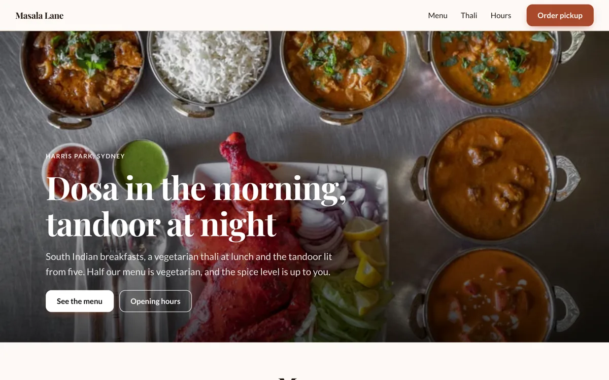 Indian restaurant menu website with a lunch thali offer example