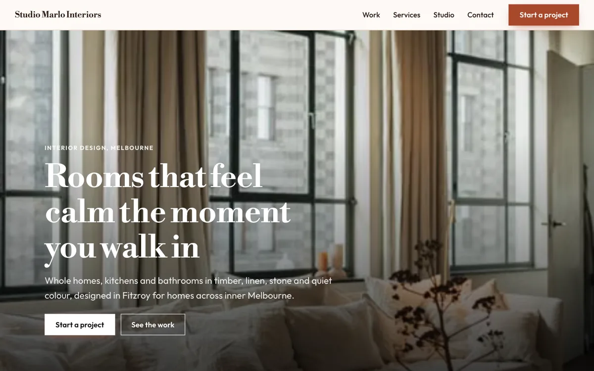 Interior designer website example that leads with the work example