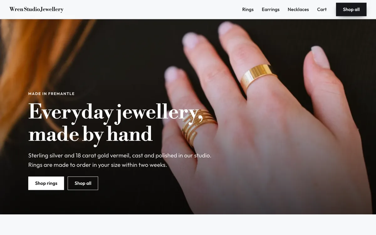 Jewellery online store example for a handmade studio example