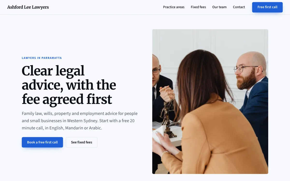Law firm website example with a fixed fee page example