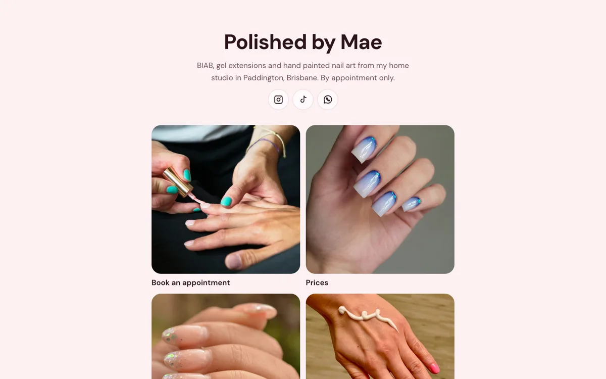 Link in bio for nail techs, as photo tiles example