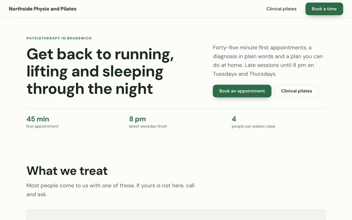 Physiotherapy clinic website example with a pilates timetable example