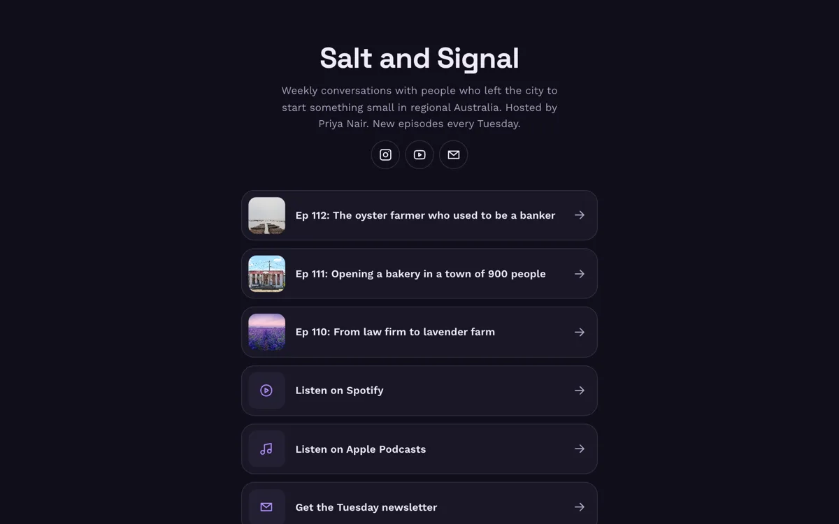 Link in bio for podcasters, latest episodes first example