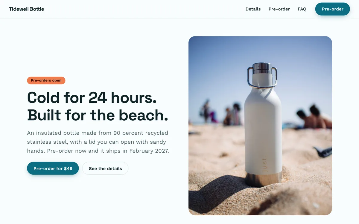 Product launch landing page example with a pre-order offer example
