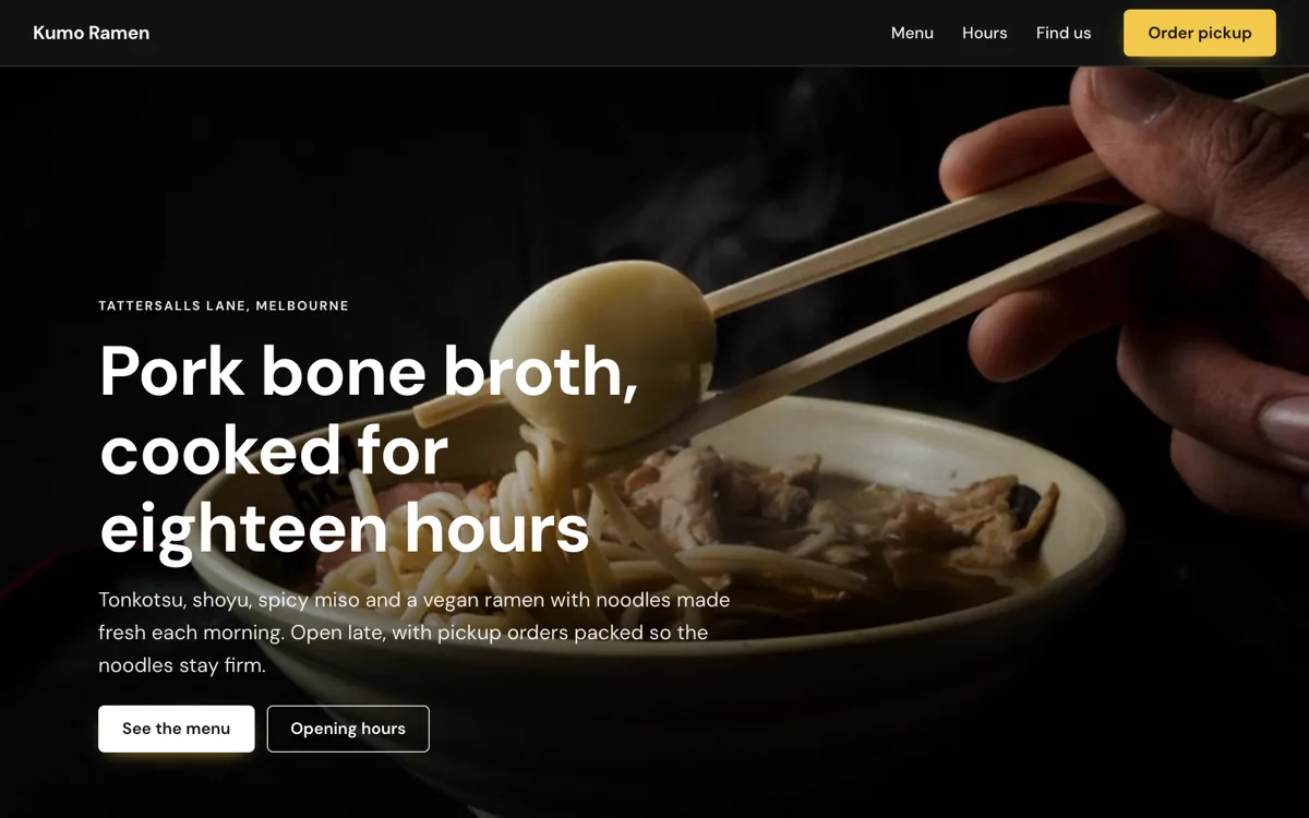 Ramen restaurant menu website for a late night shop example
