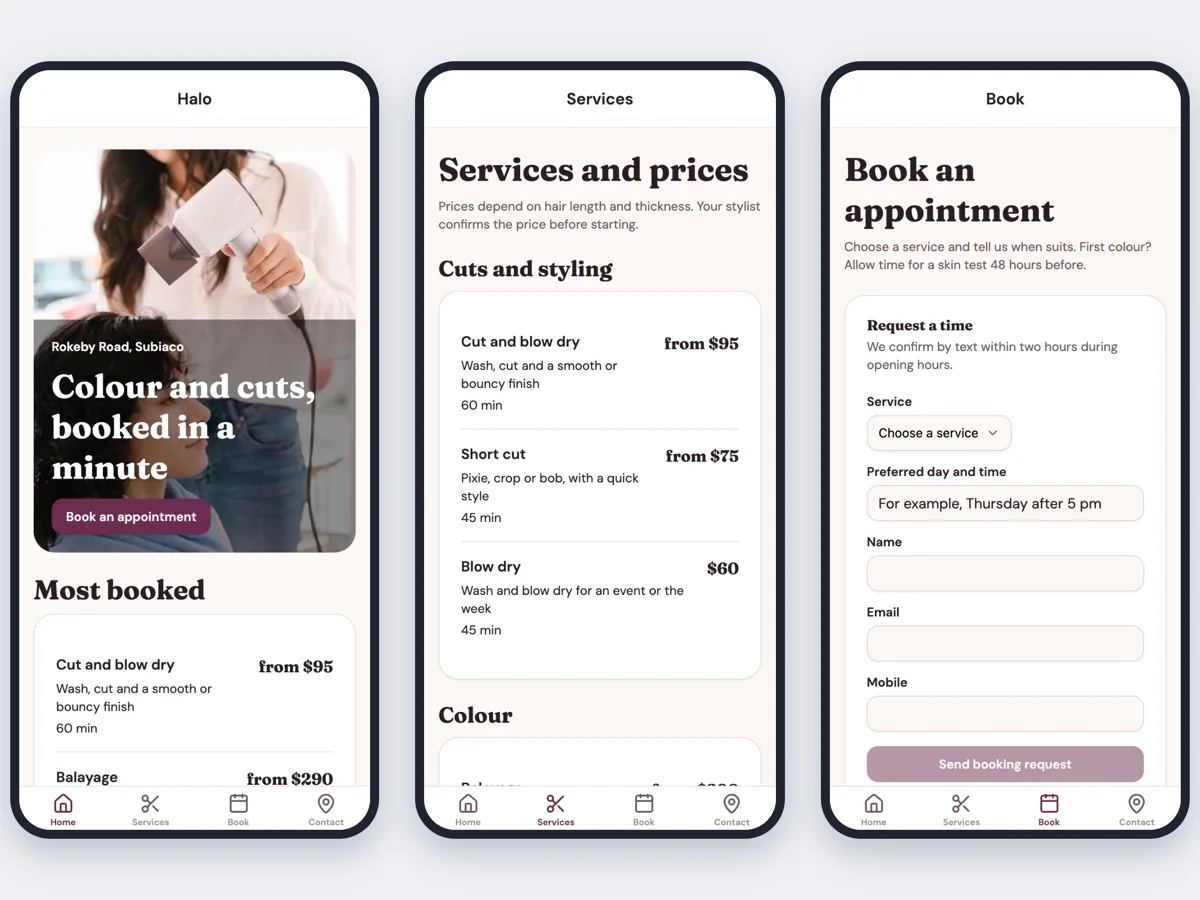 Salon booking app example with services and booking requests example