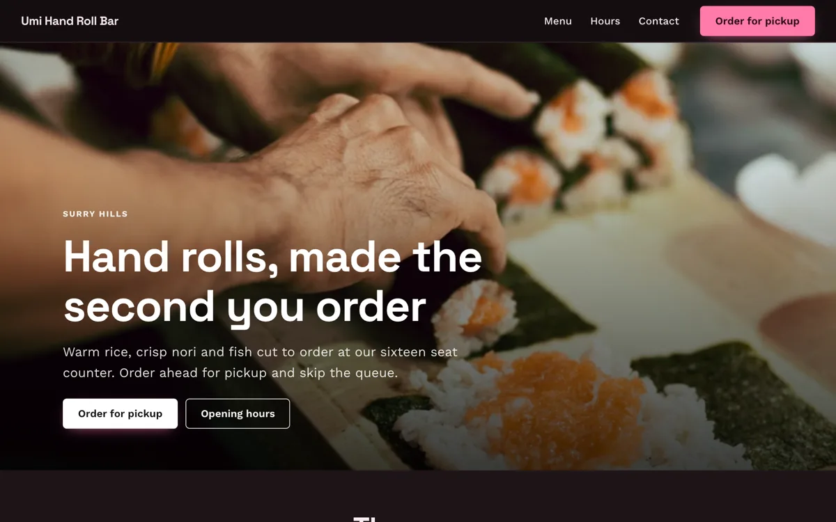 Sushi restaurant menu website with pickup ordering example