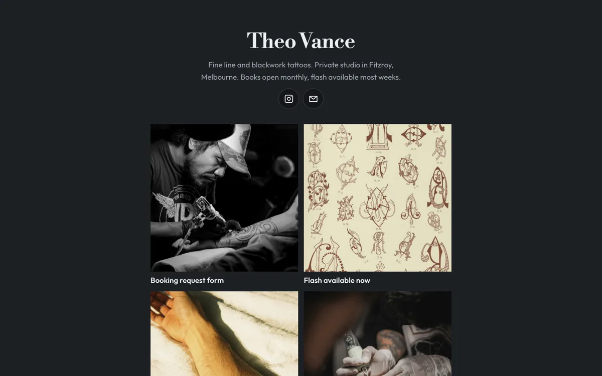 Link in bio for tattoo artists, dark and image led example