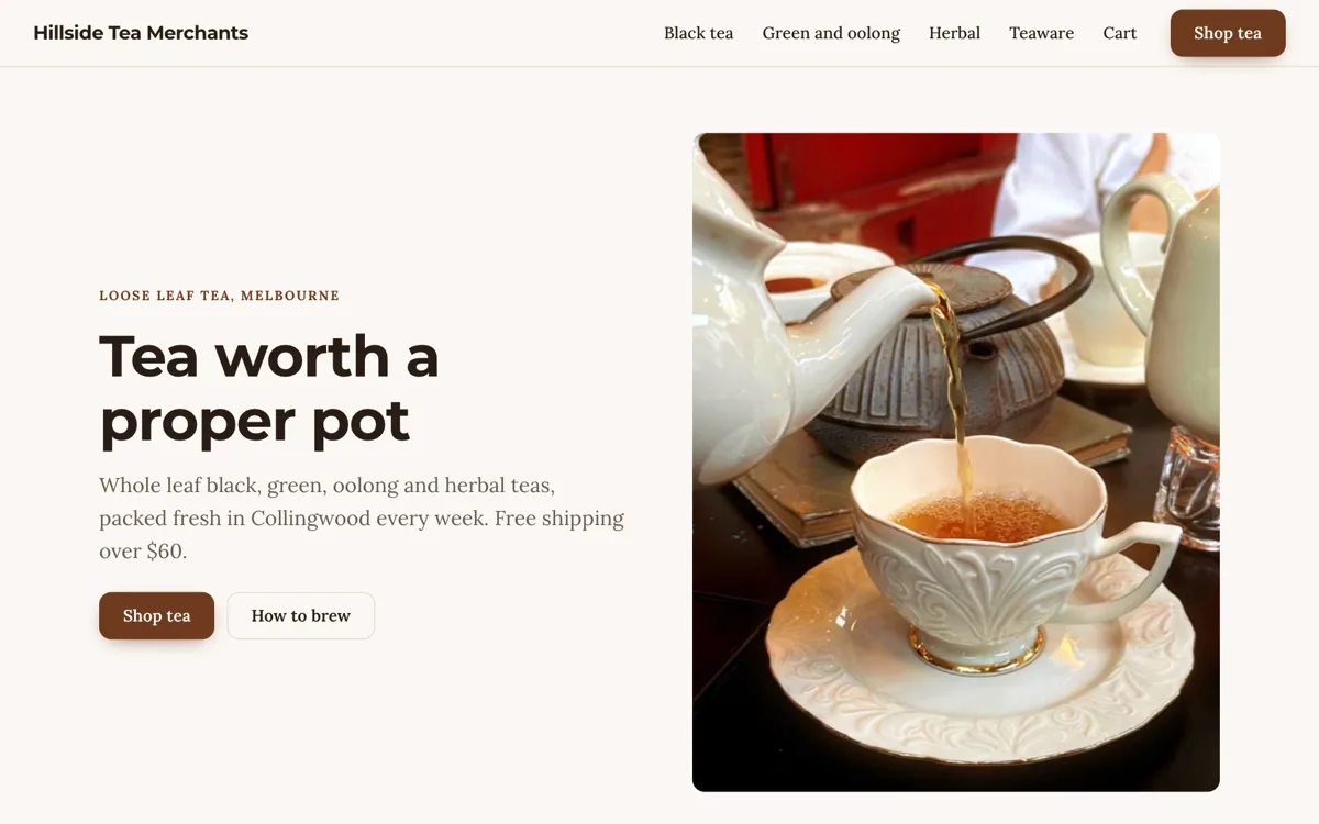 Tea online store example with a brewing guide example