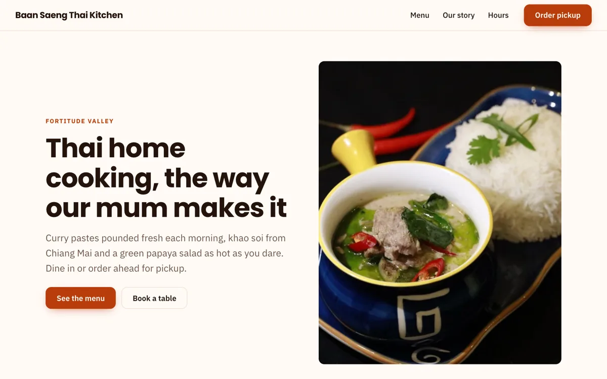 Thai restaurant menu website with a printed style menu example