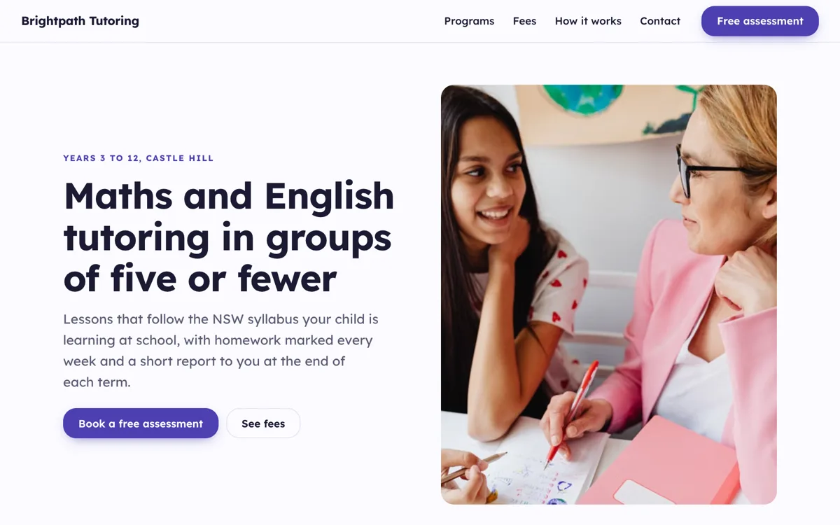 Tutoring website example for a maths and English centre example