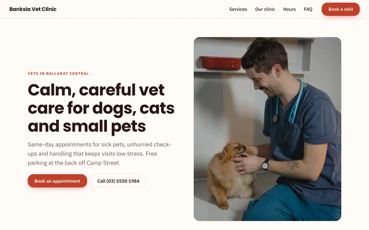 Vet clinic website example with prices and same-day care example