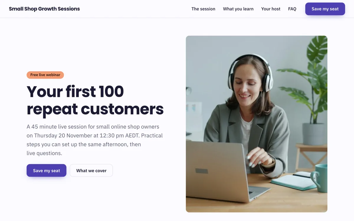 Webinar landing page example that fills the seats example