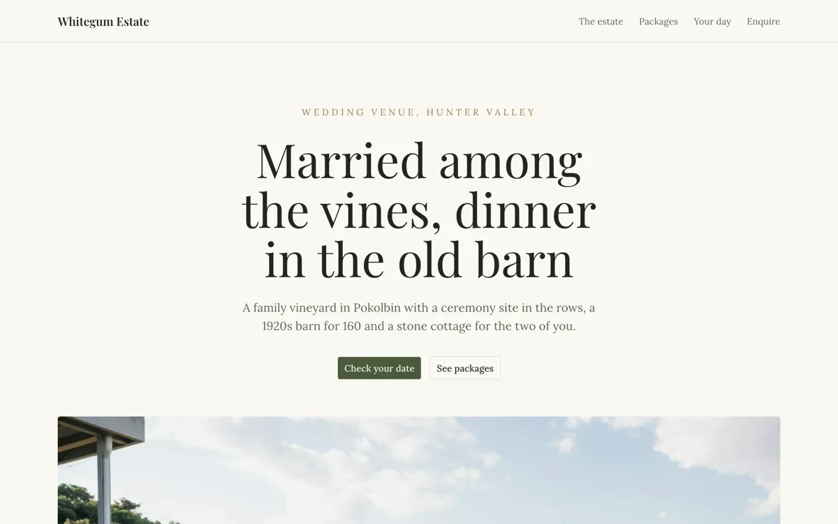 Wedding venue website example with packages and a day timeline example