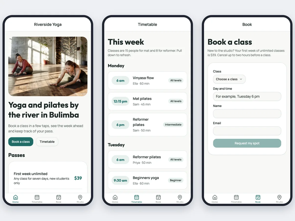 Yoga studio app example with a live timetable example