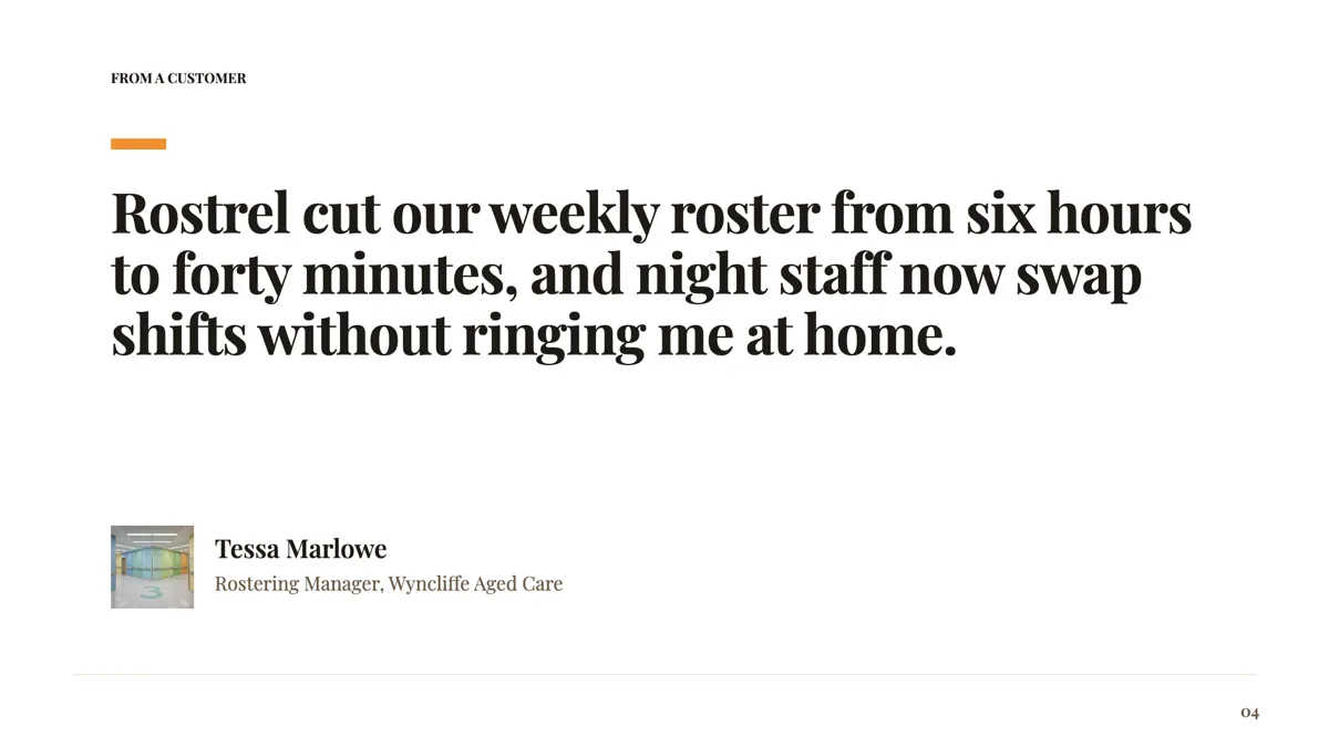 Customer quote slide with one quote and full attribution example