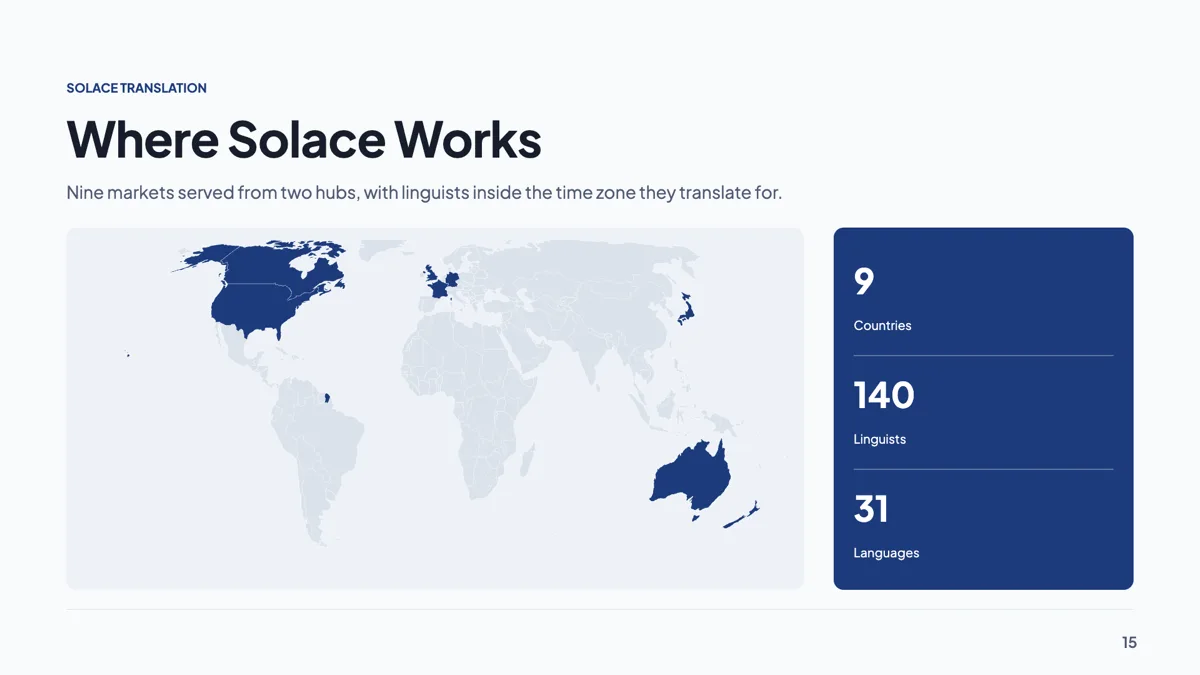 Global presence slide with nine countries highlighted on a map example