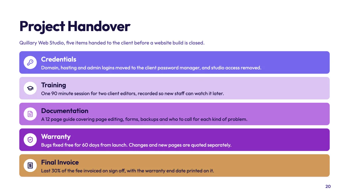 Handover checklist slide for closing a website build example