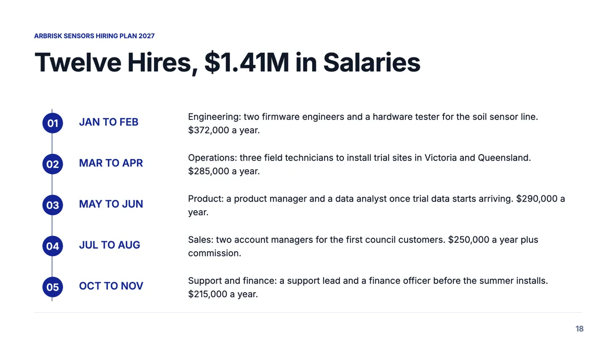Hiring plan slide that sequences twelve roles and their cost example